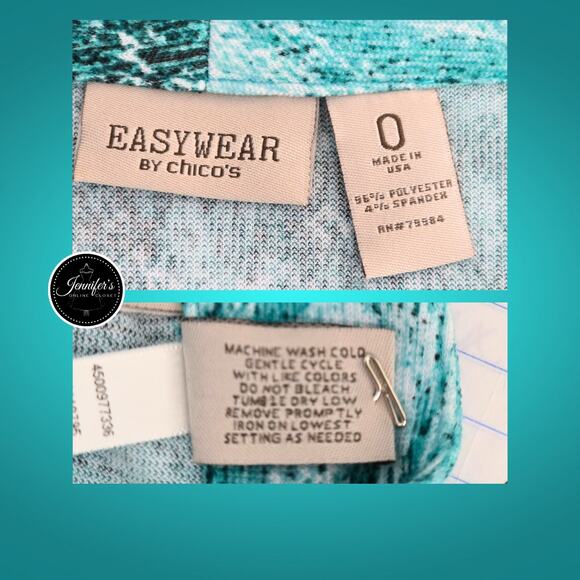 Easy Wear by Chico's Turquoise & White Open Front Cardigan/Jacket Size 0=S/4 - Picture 7 of 9